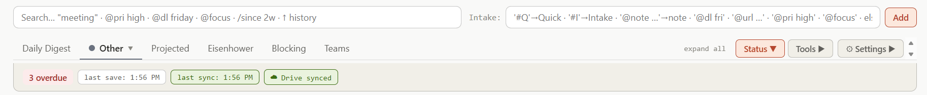 The Status panel open beneath the view tabs: 3 overdue, last save 1:56 PM, last sync 1:56 PM, Drive synced.