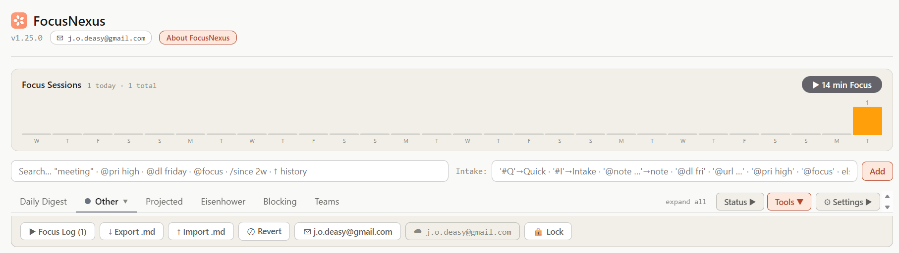 The header with the Focus Sessions bar chart (one session today) and the Tools panel open: Focus Log, Export .json, Import .json, Revert, the account chip, the Drive chip and Lock.